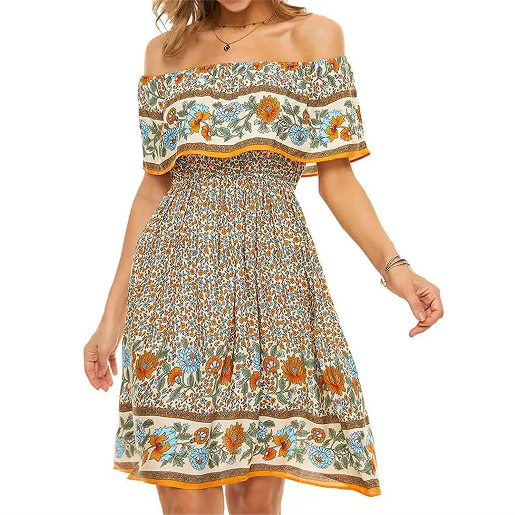 

Платье женское короткое с открытыми плечами, пляжный сарафан с завышенной талией в богемном стиле, модная одежда для отпуска, цвет желтый, М,...