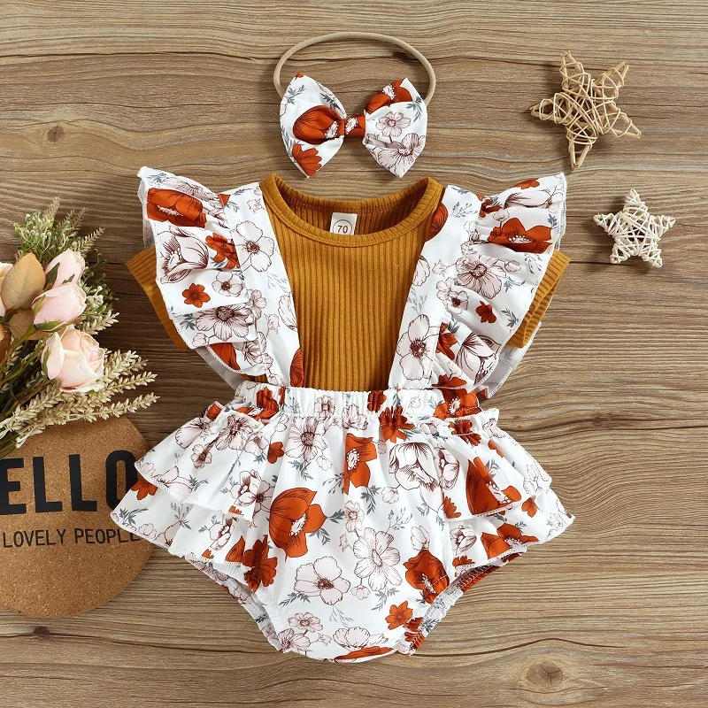 

Infant and toddler suits girls printed ruffles suspenders skirts triangle rompers knitted pit strips flying sleeves T-shirt suit