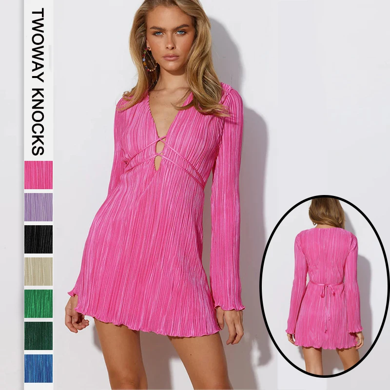 

Autumn Women Dress Sexy Lace Up Slim Butterfly Sleeve High Waist Hollow Out Female Mini Dresses 2024 V Neck Fashion Party Dress