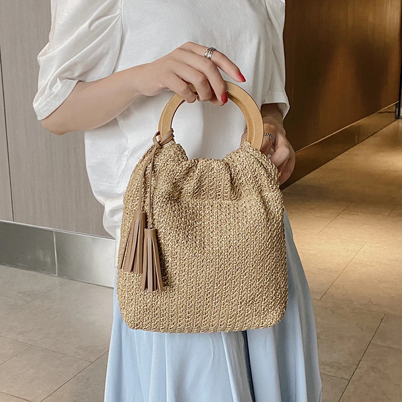 Summer straw bag for women 2023 small Woven Handmade Handbag Lady Tote Vacation Beach Bag shoulder bag Ring pocket Shopping bag