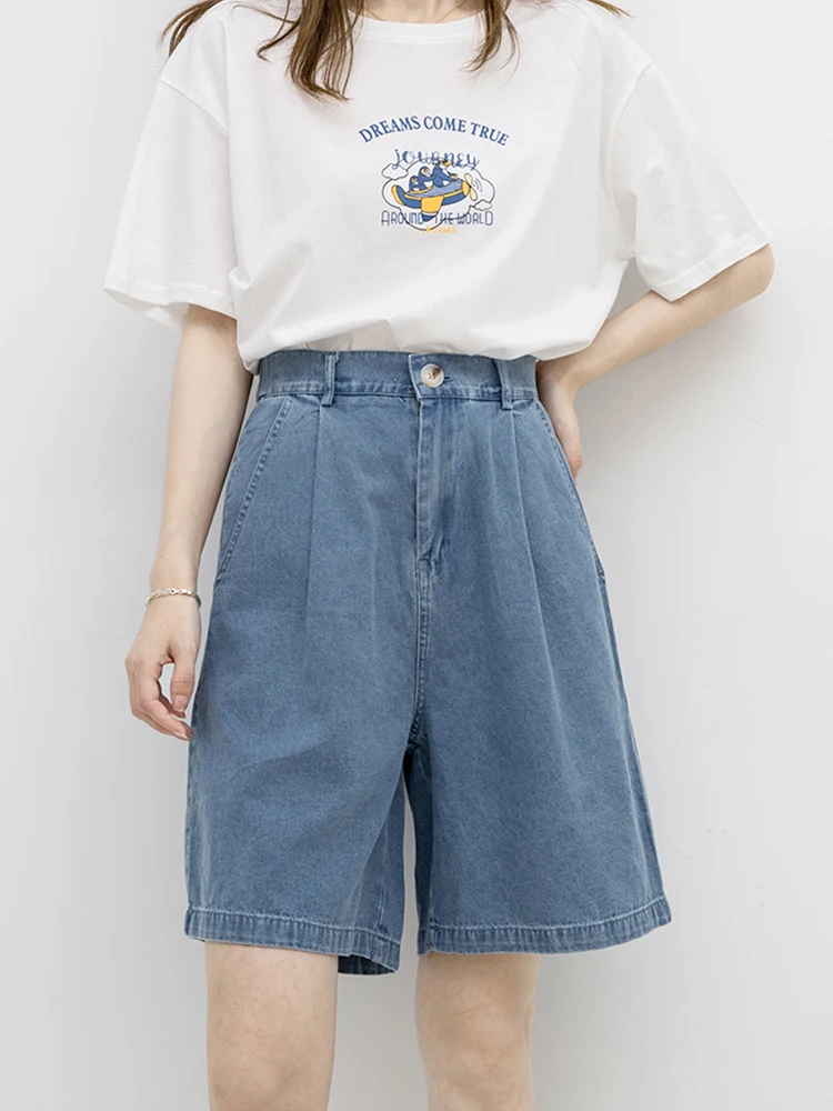 New Women Vintage High Waist Loose Blue Denim Shorts Spring Summer Female Button Straight Jeans Shorts Bottoms