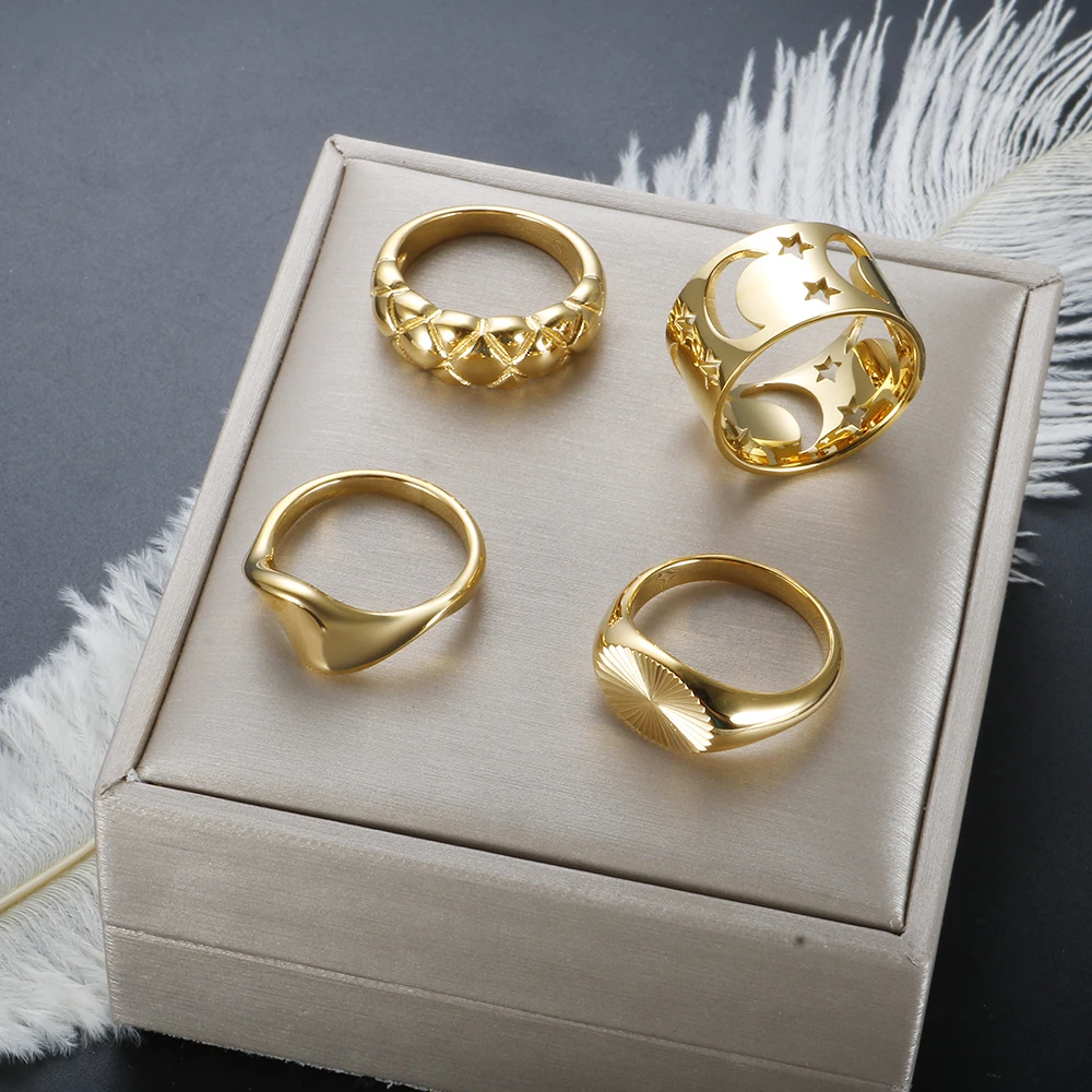 

Tarnish Free Stainless Steel Gold Plated Fashion Three-dimensional Hollow Star Moon Rings Irregular Minimalist Jewelry Wholesale