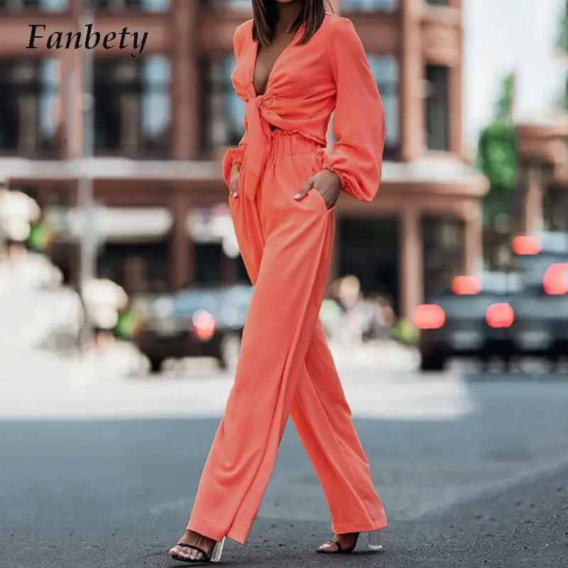 

2022 Women Solid Set Lady Long Sleeve Blouse High Waist Straight Pants Suit Sexy Lace Up Cropped Tops And Trousers Two Piece Set