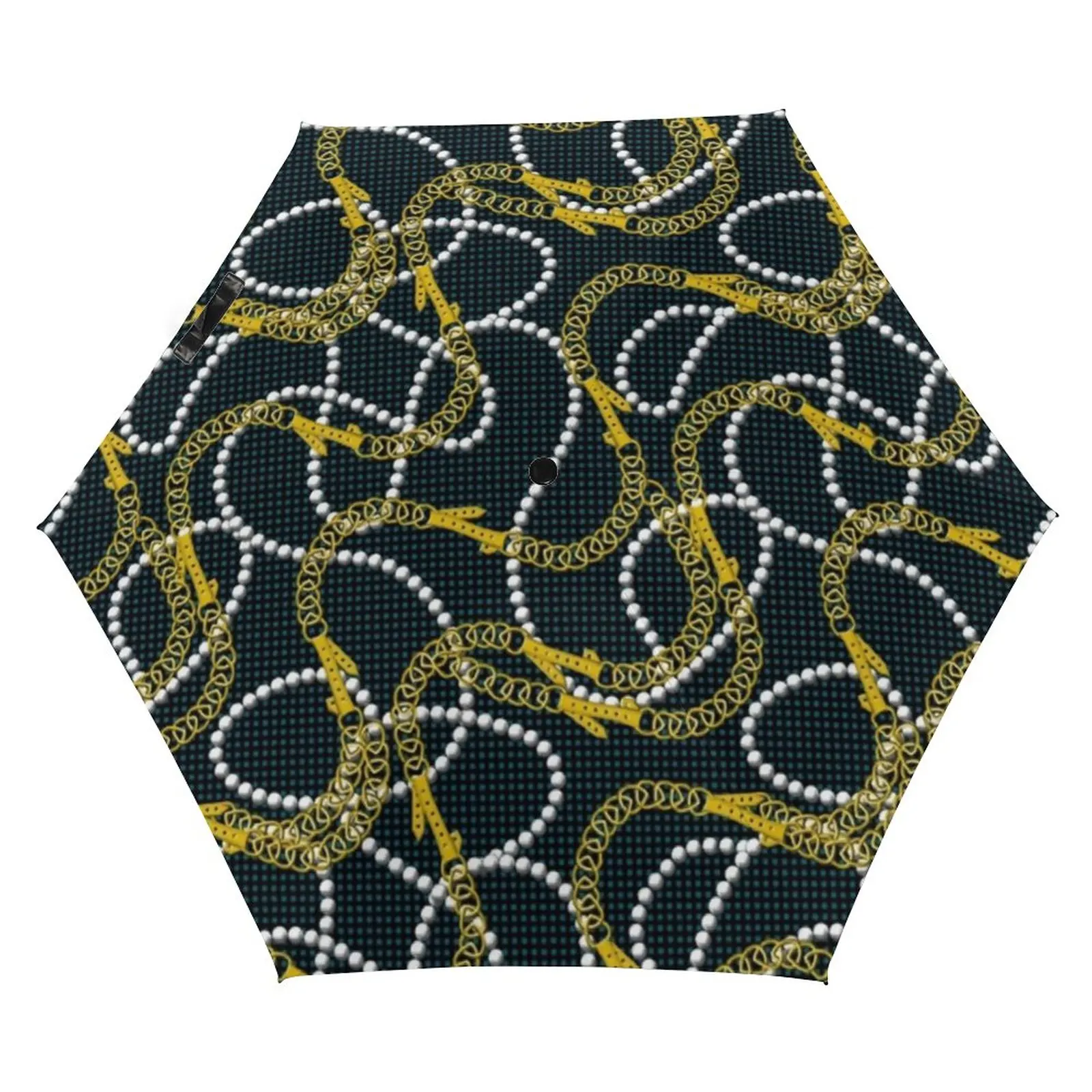 

Зонт с золотыми цепочками, 5 сложений, 6 ребер, современный ветрозащитный Карманный, с принтом жемчужин, легкий, для мужчин и женщин