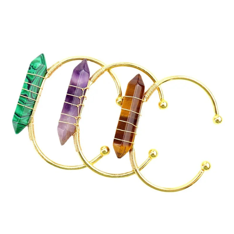 

Crysta Healing Stone Gold Plated Copper Wire Wrapped Point Natural Cuff Bangle Bracelet Chakra Energy Women Jewelr