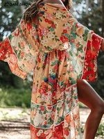 women boho v neck bird flower print long kimono cape hippie shirt ethnic lacing up sashes cardigan loose beach blouse tops