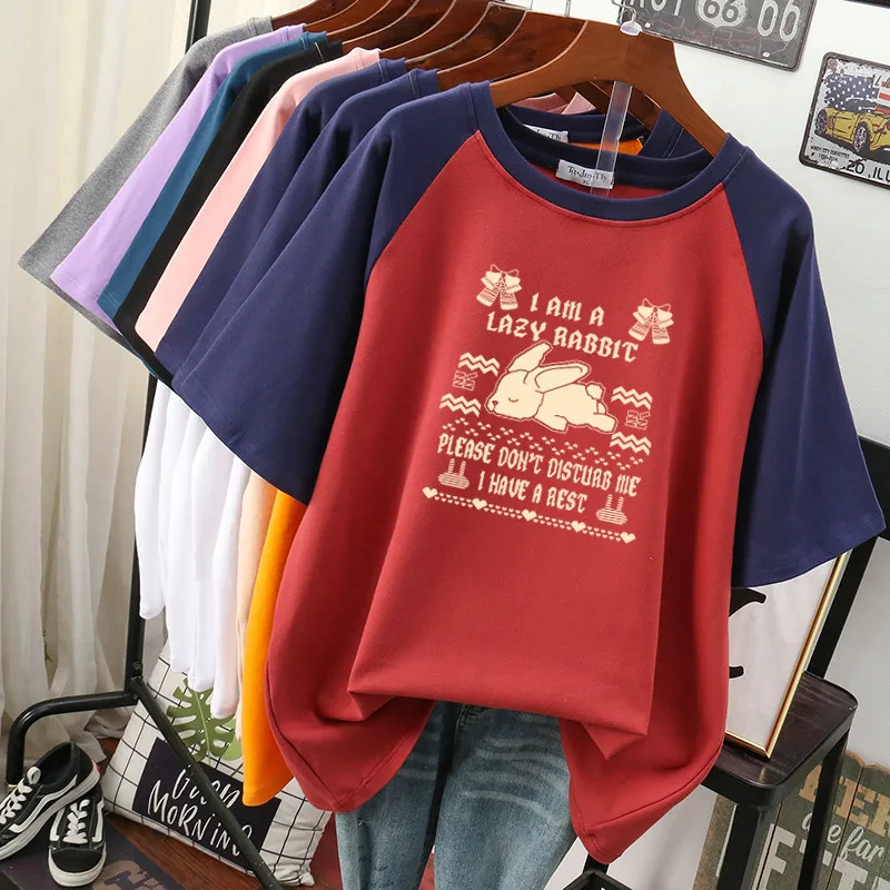 DAYIFUN Oversized T Shirts 100% Cotton Plus Size T Shirt Summer Top Tees Cartoon Print O Neck L-4XL Short Sleeve Tshirt Women