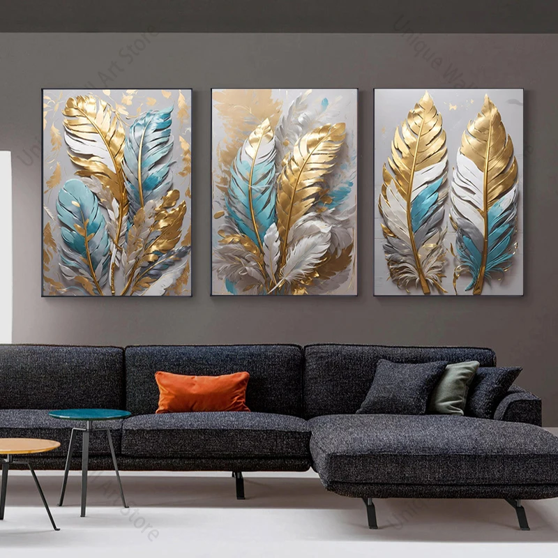 Красочные перья в дневном свете золотые синие листья плакаты настенное