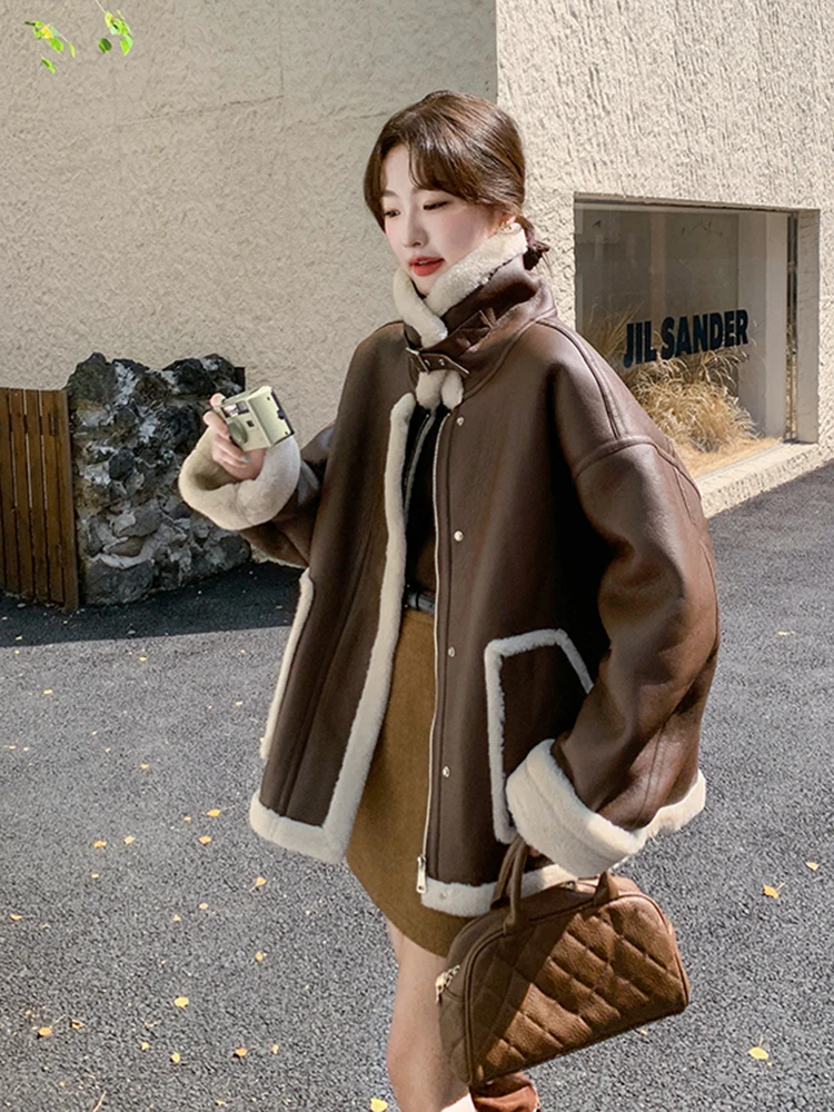 Зима 2024 утолщенная флисовая куртка из меха ягненка женская мотоциклетная