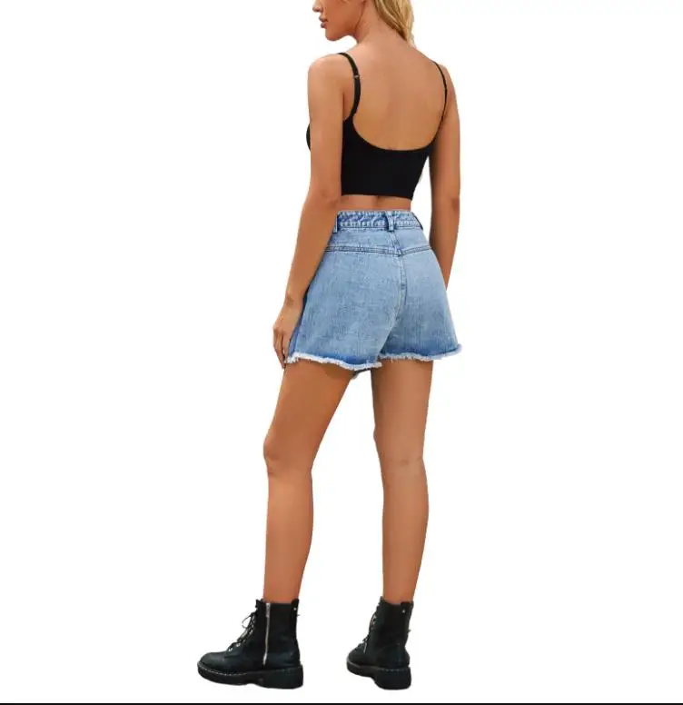Summer streetwear Solid Color Flap Pocket Belt Loop Culottes Adult shorts Summer Women 2023 Sexy High Waisted blue Button Shorts
