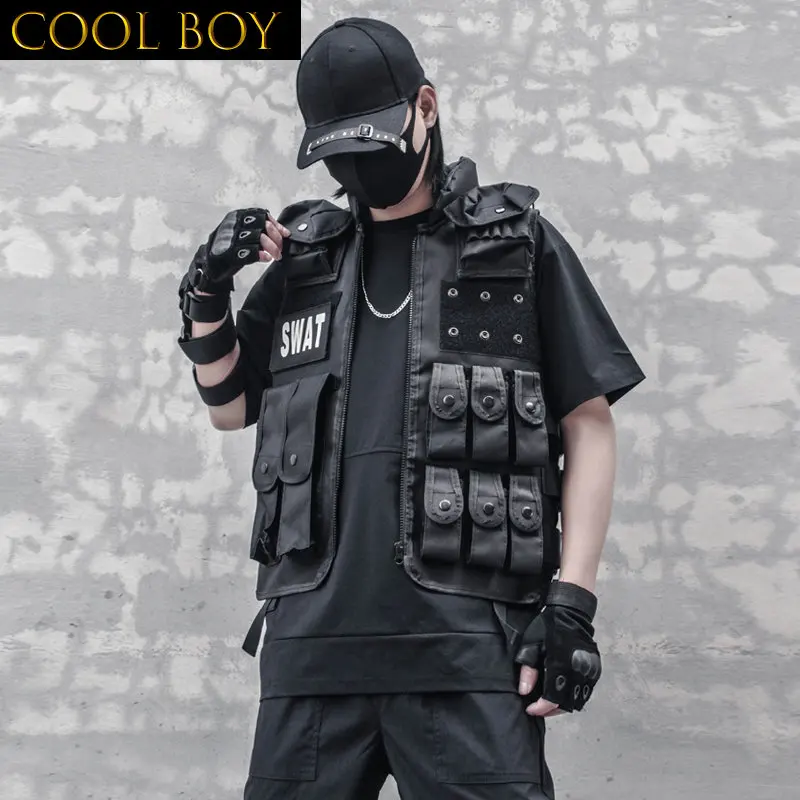 

F GIRLS Techwear Cargo Vest Men Zip Military Multi-Pocket Outdoors Tactical Coat Men's Tank Top Black Tooling Vest Safari Style