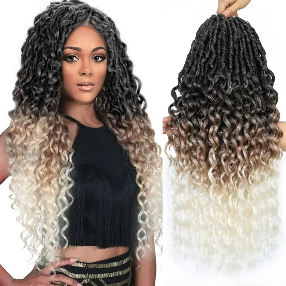 24 Inch Long Goddess Locs Crochet Hair Deep Wave Curly Faux Locs Crochet Braiding Hair Ombre Bohemian Soft Locks Hair Extensions