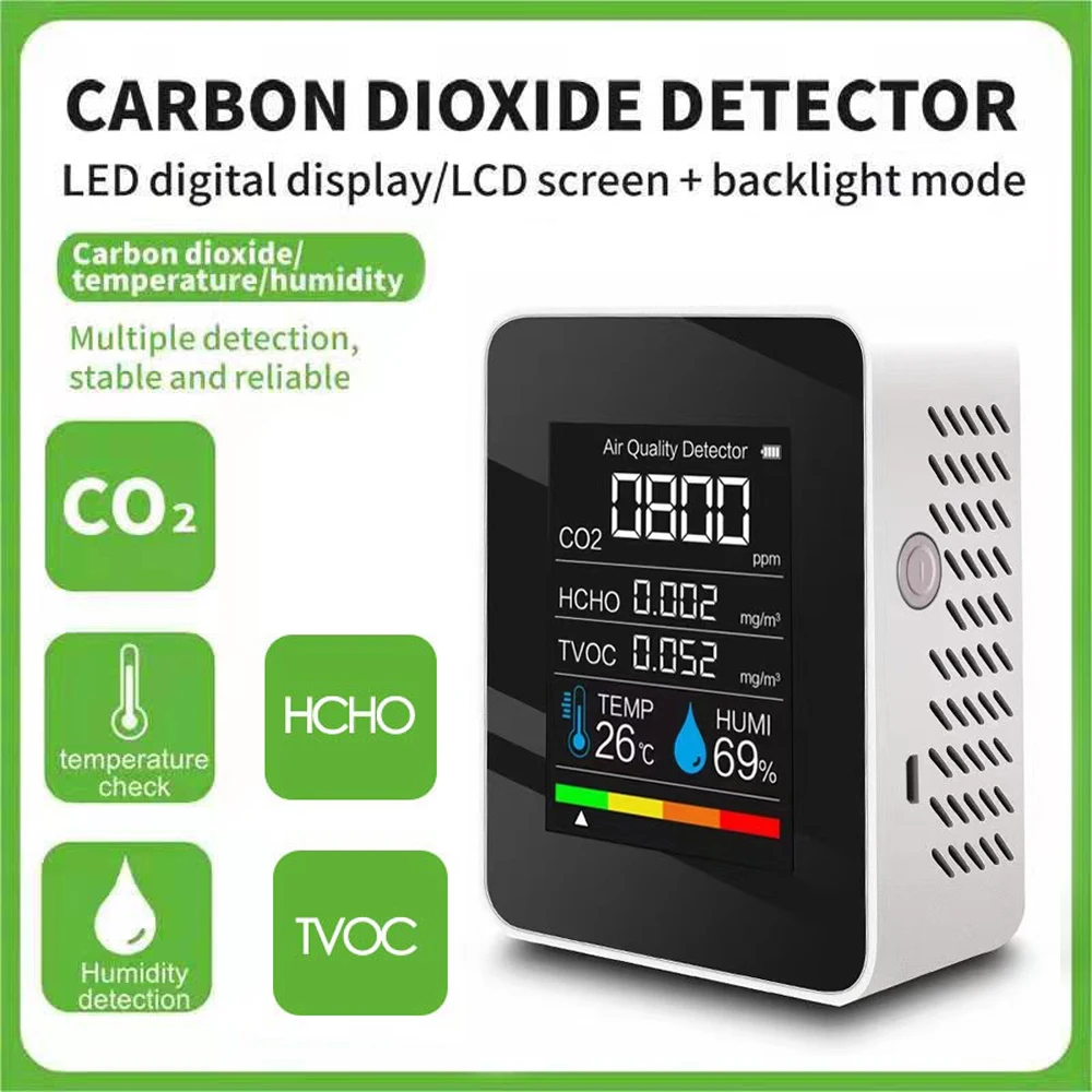 

Измеритель CO2 Многофункциональный 5 в 1 цифровой датчик температуры и влажности тестер качества воздуха TVCO монитор для дома белого цвета
