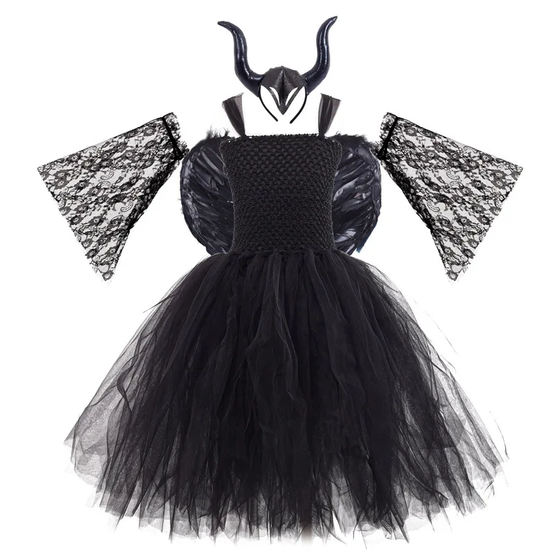 

Baby Girls Vampire Witch Costume Evil Queen Long Dress for Kids Halloween Cosplay Pageant Party Dresses with Black Angel Wings