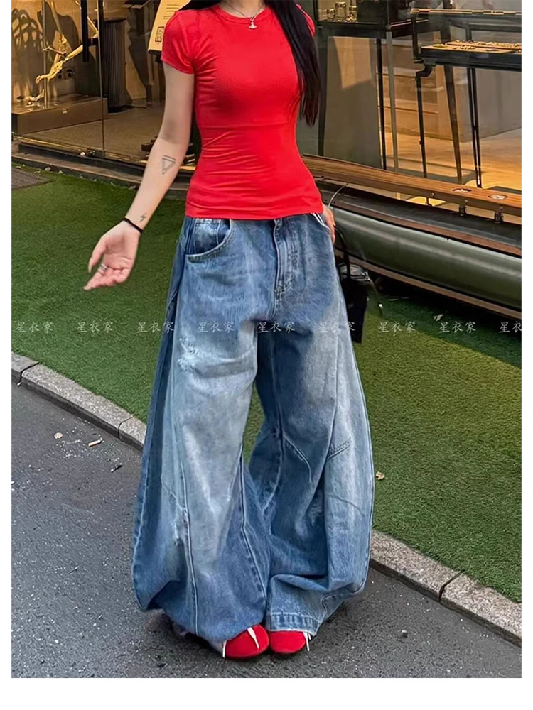 Женские синие мешковатые джинсы Y2k в стиле Харадзюку 90-х эстетические джинсовые