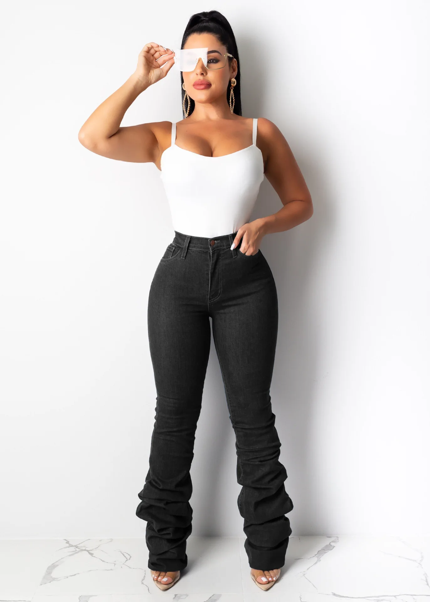 Newest Creativity Popular Three Colors Breathable Tight Sexy Plus Size  Pile Denim Pants & High Waist Blank Stacked Jeans Ld8609