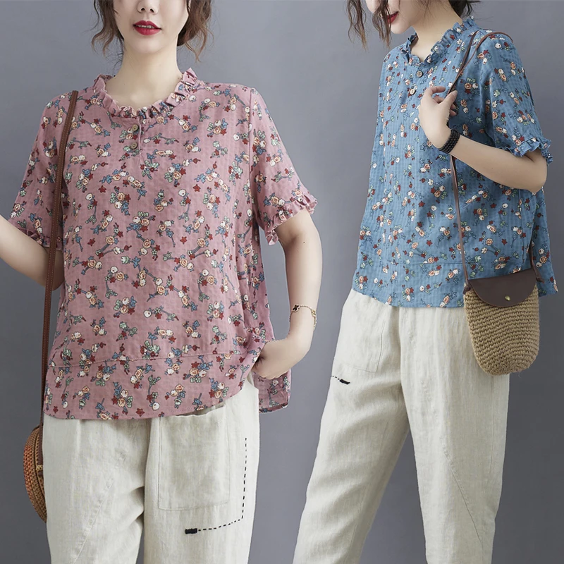 

Cotton Linen Short Sleeve T-shirt Summer Vintage Literature Loose And Versatile Aging Cotton Linen Printed Top Women
