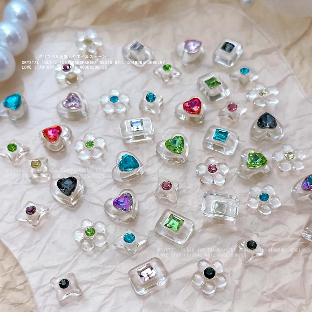 

10Pcs/set 3D Mixed Flowers Love Heart Transparent Charms for Nail Decorations Supplies for Professionals