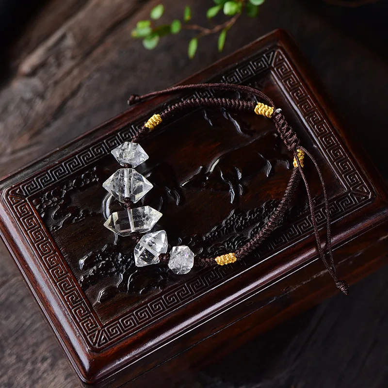 Natural Herkimer Double Pointed Raw Stone Crystal Bracelet for Women Men Crystal Sparkling Diamond  Bangles Lucky Jewelry Gifts