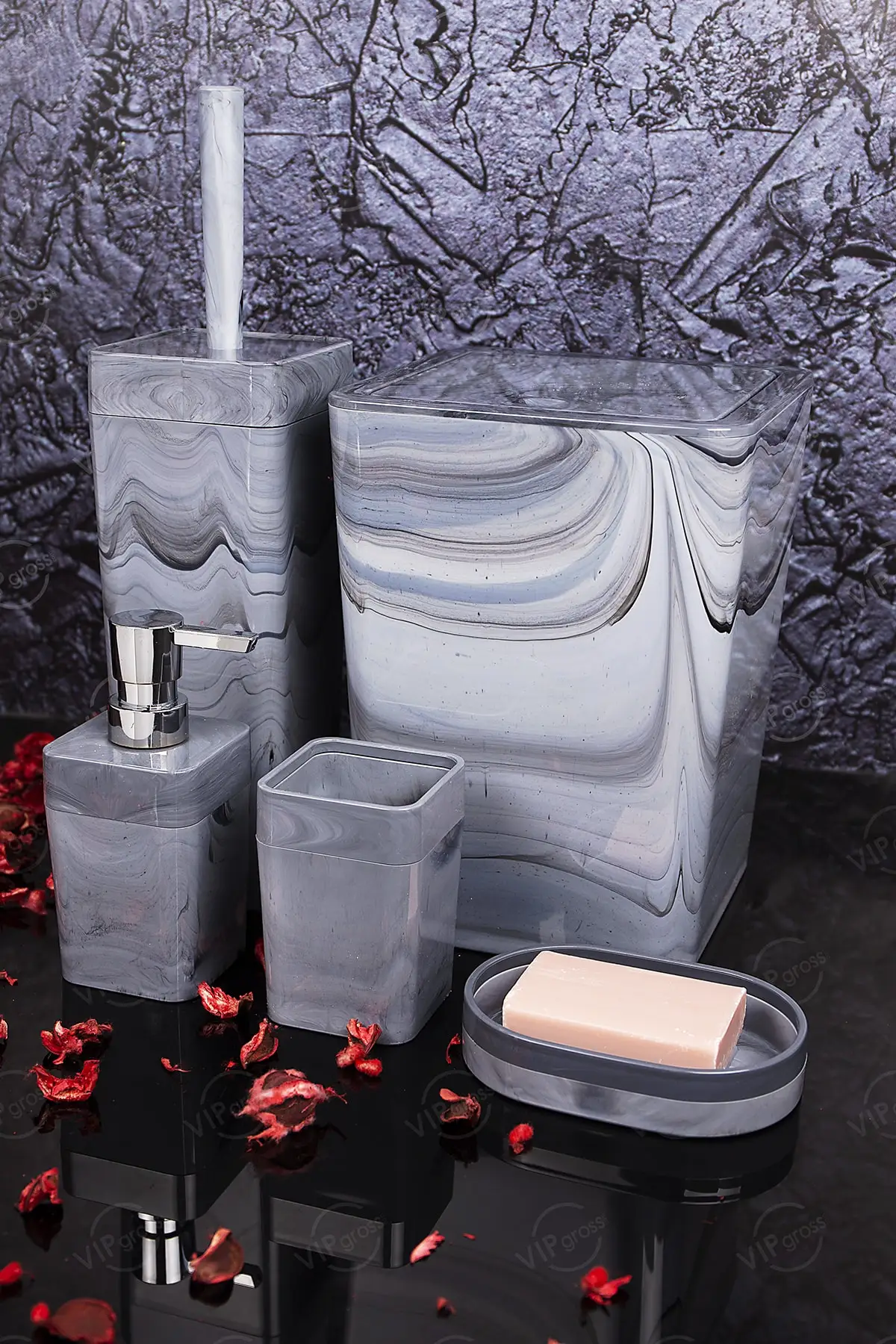 

Bathroom Accessories Set 5 Pieces Marble Room Set Toothbrush Holder Soap Dispenser Toilet Brush Trash Can Bathroom Essential Set