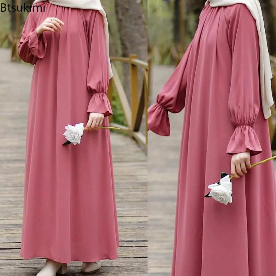 Muslim Fashion Abaya Solid Loose Long Sleeve Ruffles Sundress Round Neck Robe Maxi Dress Ladies Traditional Dubai Islam Clothes