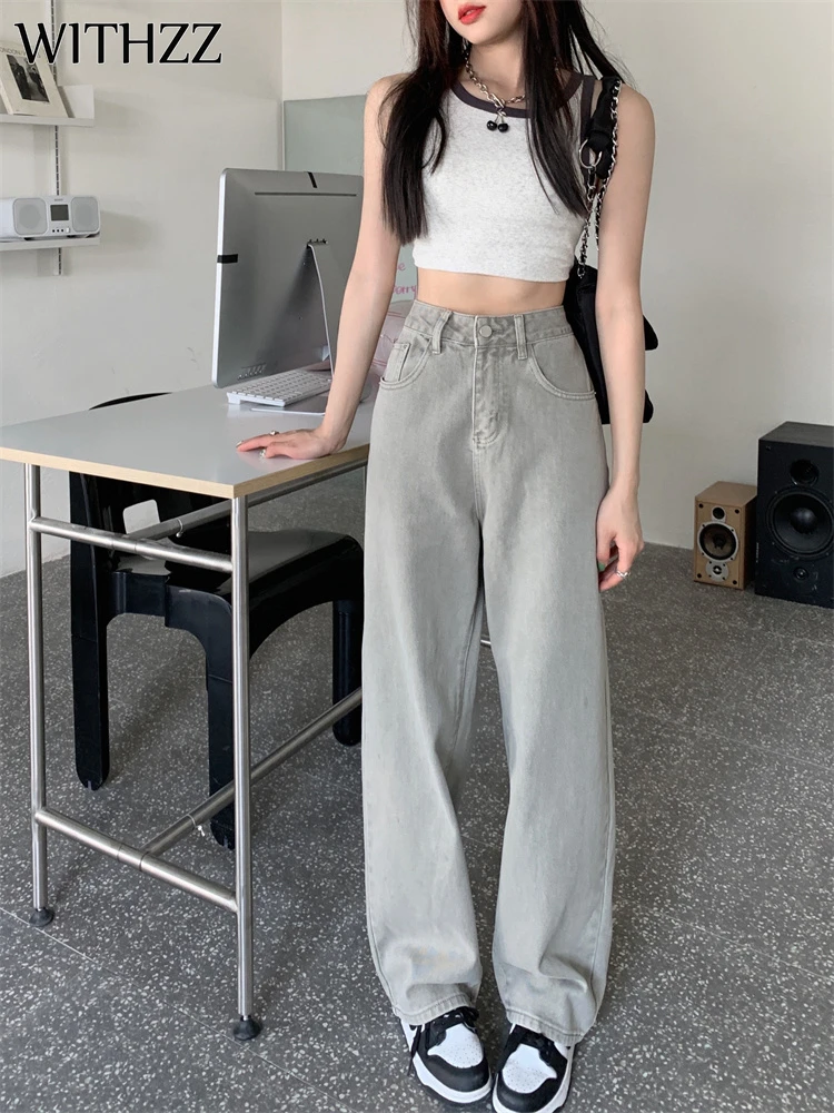 

WITHZZ Spring Autumn Women Loose Warm Light Grey Green Denim Straight Wide Leg Pants Casual High Waist Female Jeans