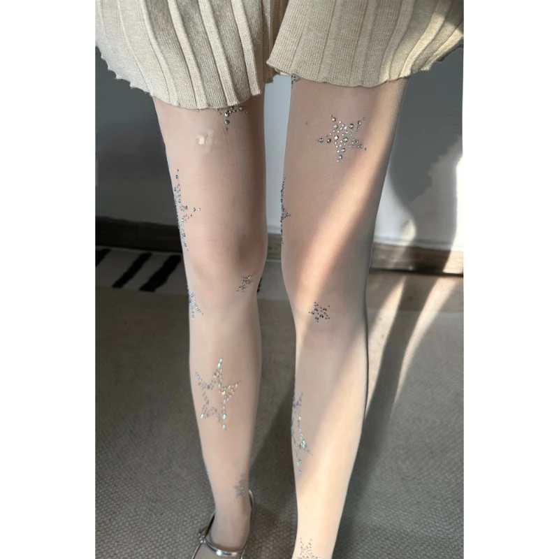 Five-Pointed Star Diamond Stockings for Women Spring and Summer New Personalized Rhinestone Thin Transparent Pantyhose Fashion