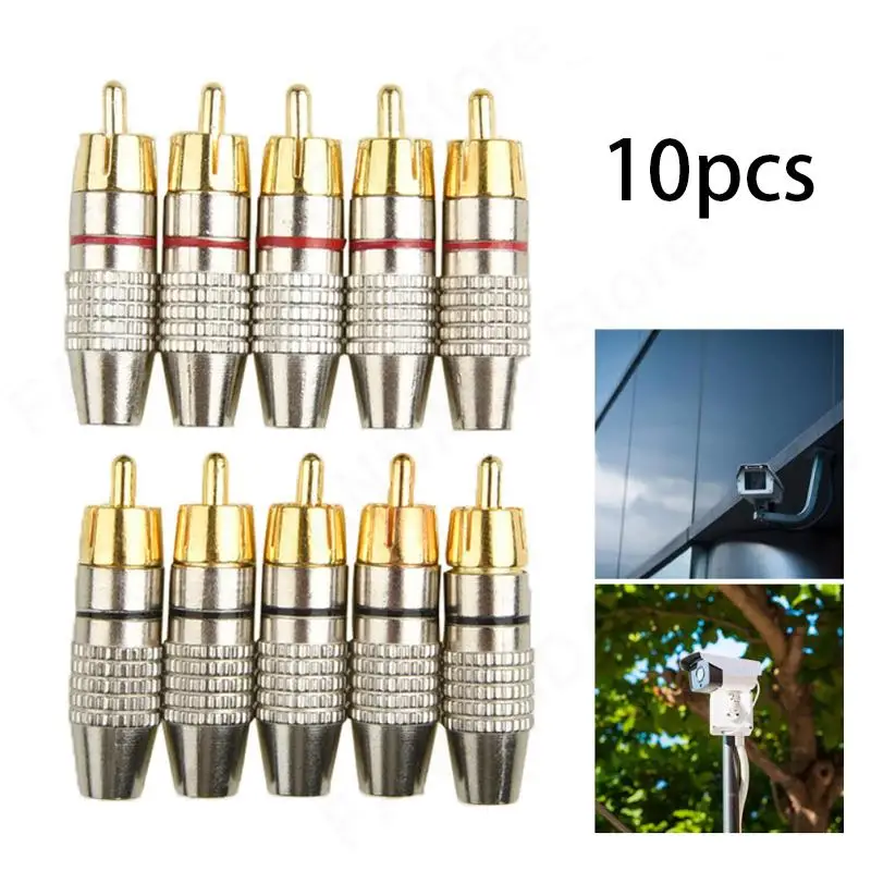 10pcs Solderness Convertor Gold RCA Male Adapter Non Solder Connector for Audio Video CCTV IP Camera Security Coaxial Cable M20