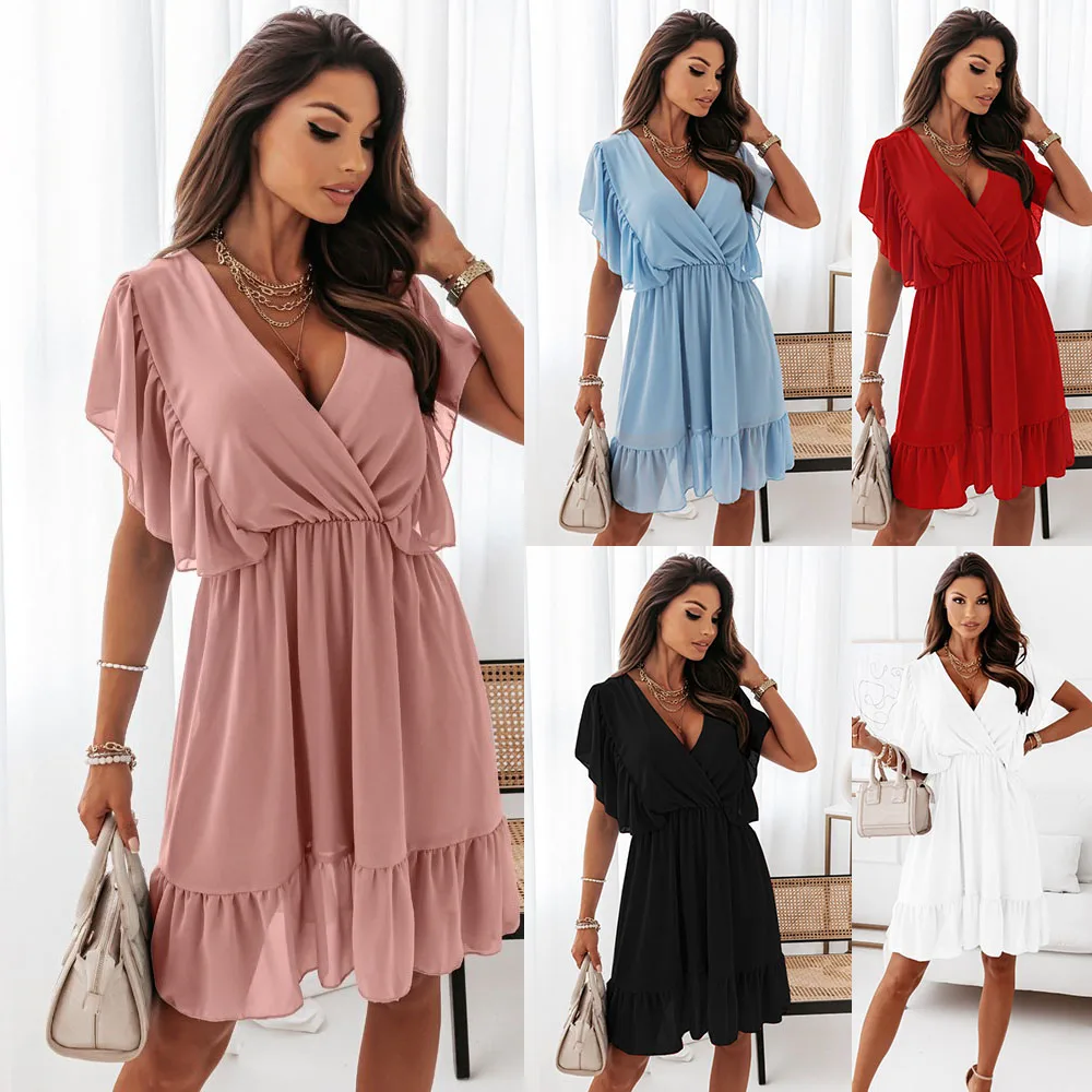 

European and American New Pleated V-neck Solid Color Fluttering Sleeves Waist Ruffle Dress