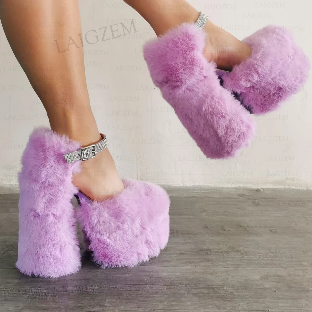 BERZIMER Women Platform Sandals Fluffy Cosplay Crystal Block High Heels Handmade Pumps Shoes Woman Large Size 38 40 42 45 47