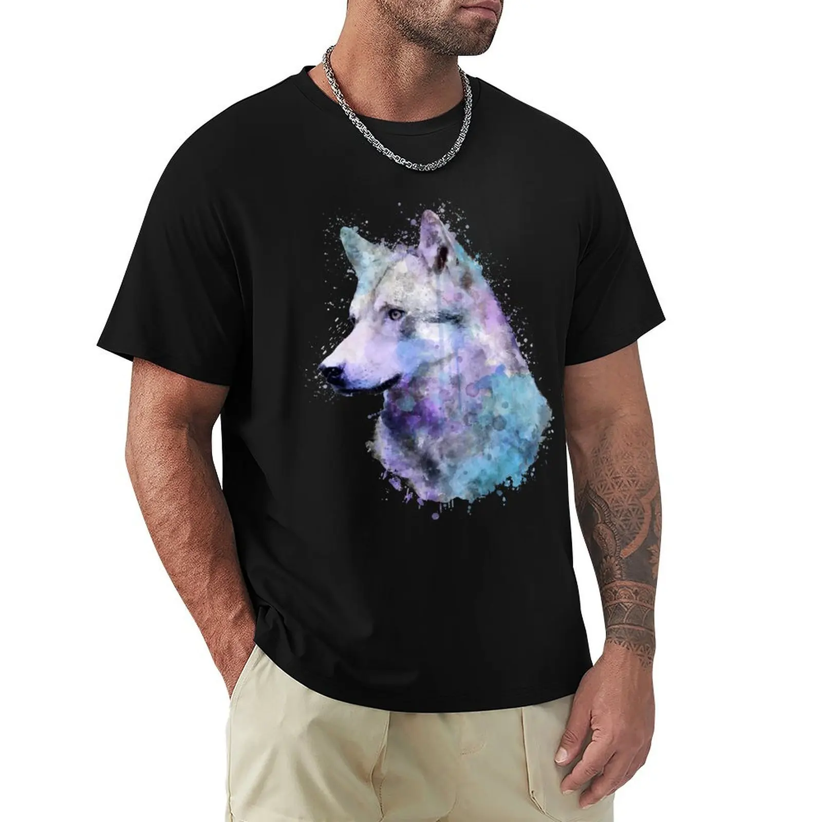 Фото Футболка Dramabite Watercolor Wolf, повседневный топ без застежек, с короткими рукавами №1