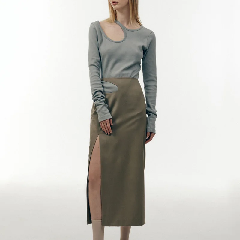 Low Classic Simple Commuter Irregular Digging Split Half Skirt One Step Dress for Women 2022 Autumn New High Quality