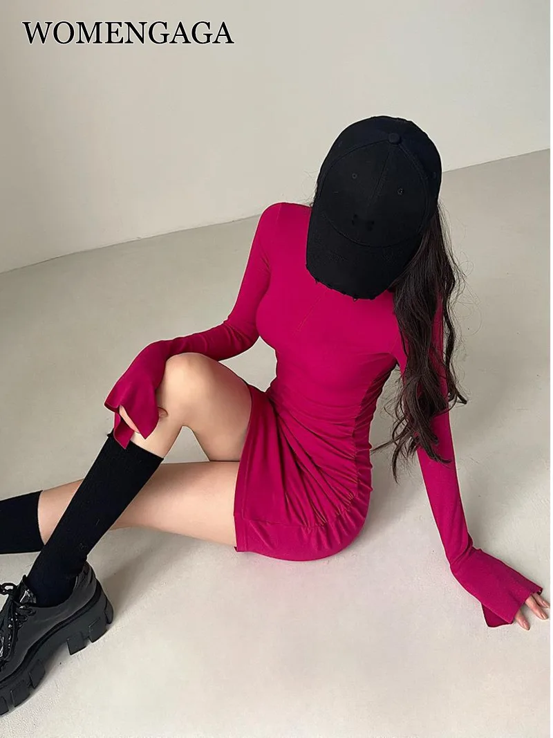 

Соблазнительное облегающее милое Плиссированное флисовое мини-платье с высоким воротником и длинным рукавом, модные соблазнительные женс...