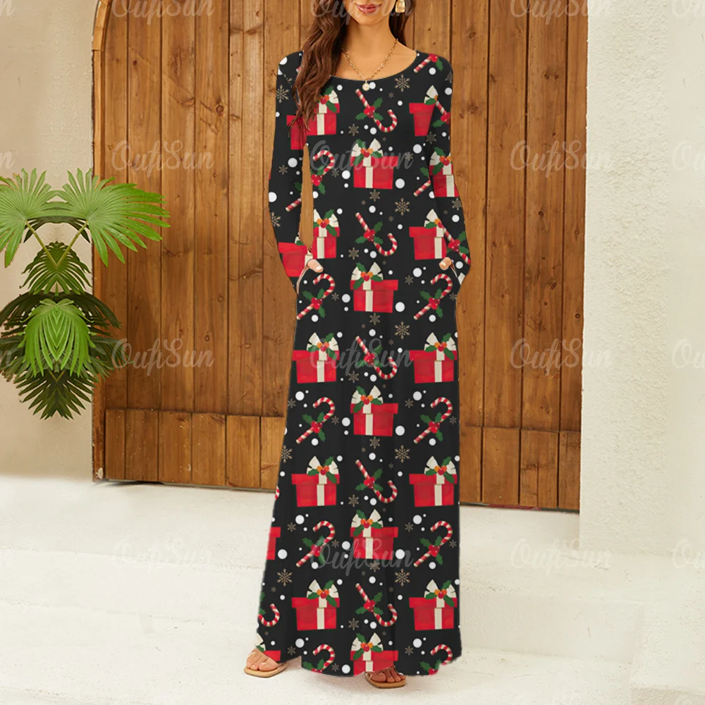 

Платье женское длинное с карманами и принтом, на Рождество