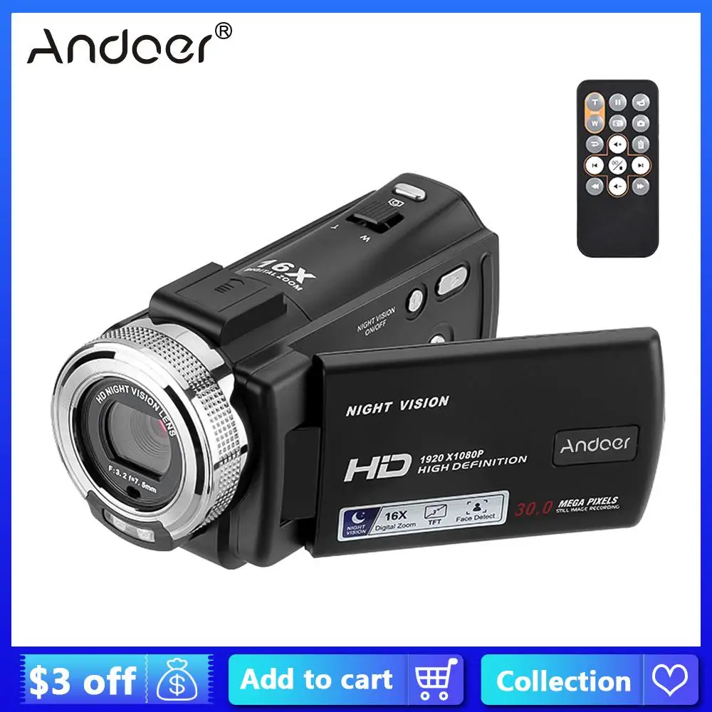 

Видеокамера Andoer V12 16X с цифровым зумом, 1080P, Поворотный ЖК-экран 3,0 дюйма, макс. 20 МП