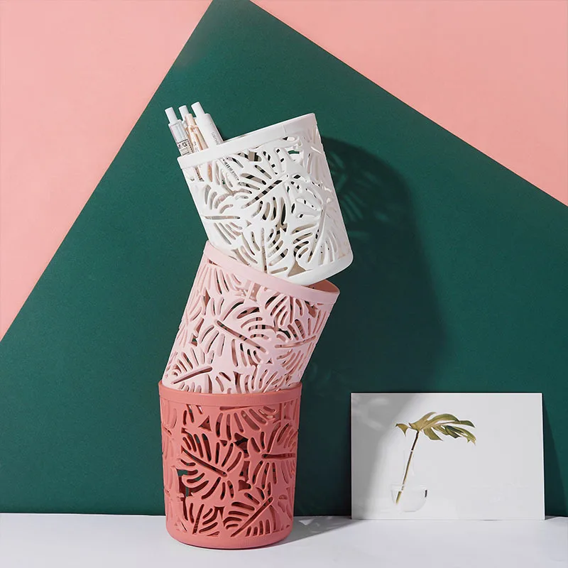 

Storage Plastic Pot Desk Supplies Stationery Container Brush Creative Organizer Pen Pencil Hollow Holder Office Leaves Holder