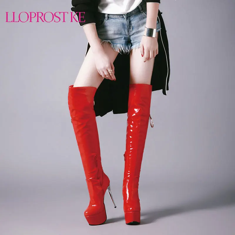 

Женские сапоги выше колена Lloprost ke, модные привлекательные сапоги на высоком каблуке и платформе в готическом стиле, с кристаллами, вечерняя ...