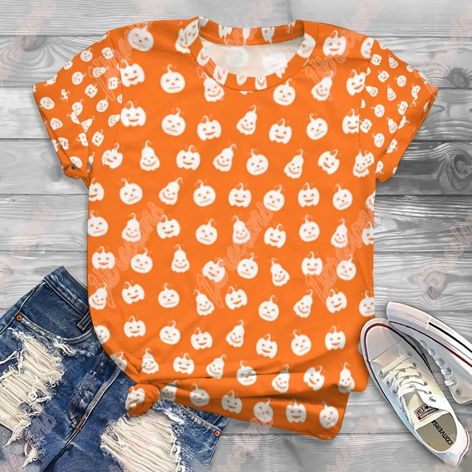 

Women's Halloween Festival Full Print T Shirt Pumpkin Striped Short Sleeve Graphic Tees Pattern Tops Men/women Tee