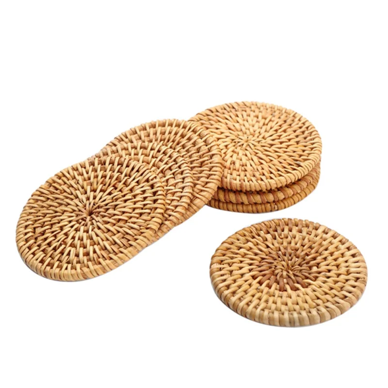 Rattan Braided Placemat Pad Coasters Kitchen Table Mats Hand-made Coaster Bowl Mats Padding Mat Insulation Pad Round Placemats