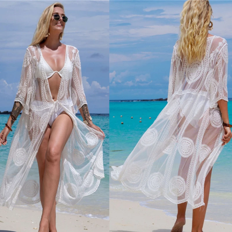 

New Lace Circles Beach Cover Up Dress Tunic Long Pareos Bikinis Cover Ups Swim Cover Up Robe Plage Beachwear