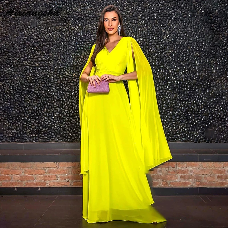 

Sumnus Bright Green Chiffon Evening Dress Cape Sleeves With Belt V Neck Prom Dresses Elegant Dubai Evening Prom Gowns Plus Size