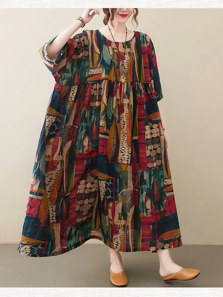 Фото Платье женское длинное из хлопка и льна винтажное элегантное свободное