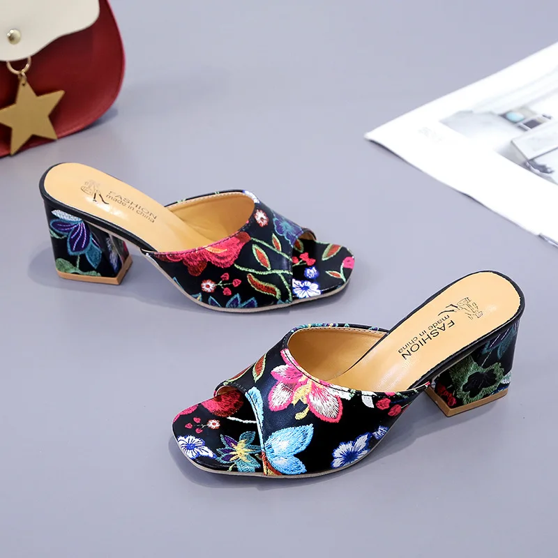 

Women Elegant Print Chunky Heel Shoes Leisure Sandals Slip-On Open Toe Comfortable Slippers