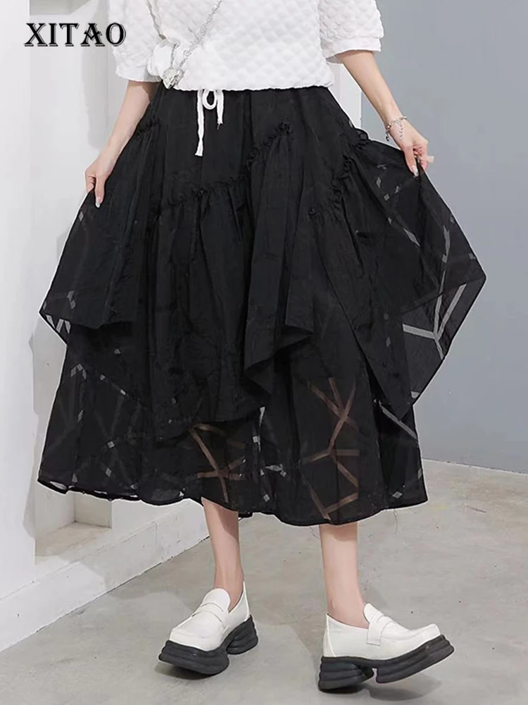 

XITAO Solid Asymmetrical Skirt Women Korea 2022 Summer New Personality Fashion Loose All Match Elastic Waist Skirt WLD7080