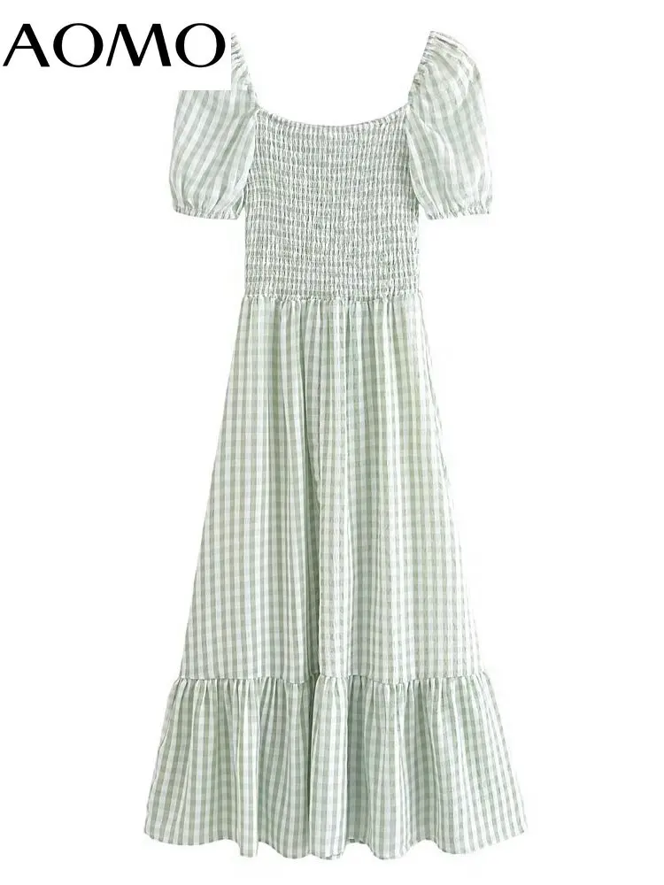 

AOMO 2023 Summer Women Plaid Print French Style Dress Puff Short Sleeve Ladies Midi Dress 1T07A
