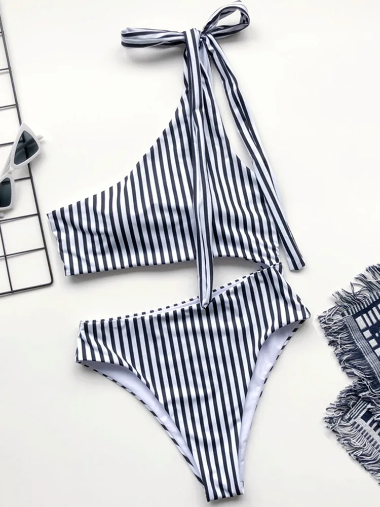 Sexy Striped One shoulder Women Swimwear One piece Swimsuit Female High Waist Monokini Bather Bandeau Bathing Suit Swim Bodysuit