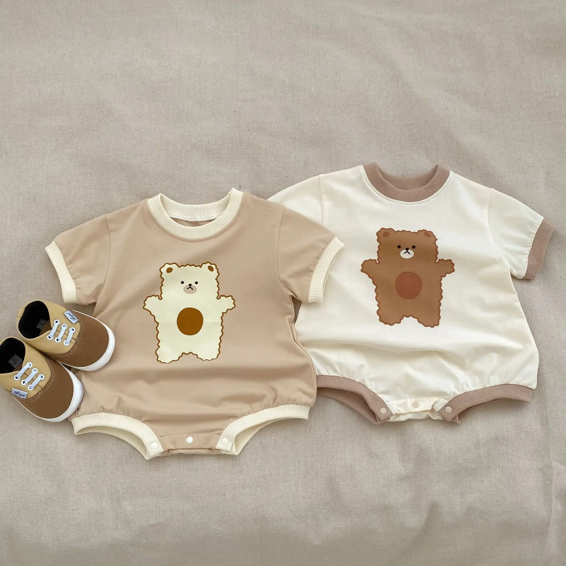 

2023 Summer New Baby Short Sleeve Bodysuit Infant Boy Cute Cartoon Bear Print Jumpsuit Newborn Toddler Clothes 0-24M