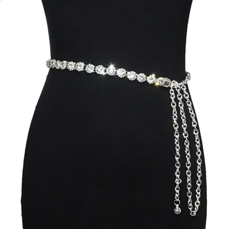 

New Style Metallic Silver Belt Luxury Rings With Rhinestone Crystal Chain Belts For Women Wedding Dress Promotional Gifts