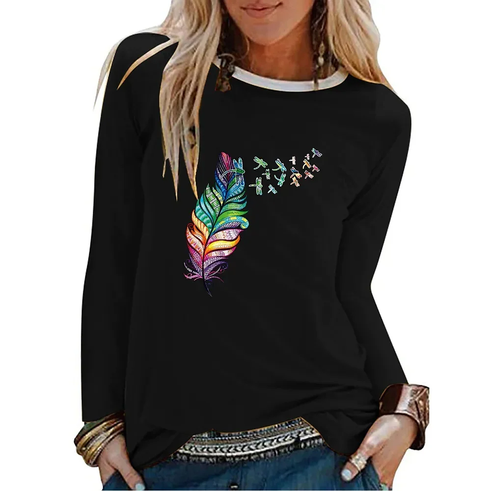 

[New In] Women Casual T Shirt 3D Print Feather Pattern O-Neck Street Casual Oversized Tops Plus Size black