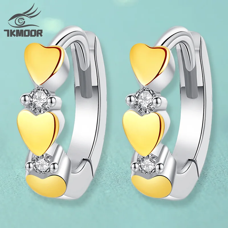 

New Arrival Cute 3 Gold Heart CZ Silver Color Small Lovely Huggies Hoop Earrings For Student Girls Children Jewellery